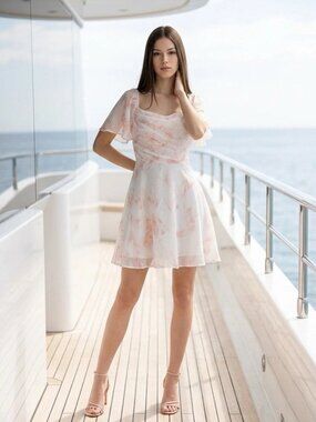 Infinity Style,Woman,Femenine Dress,White Pink-Marbled,Sz S,Off-The-Shoulder.!